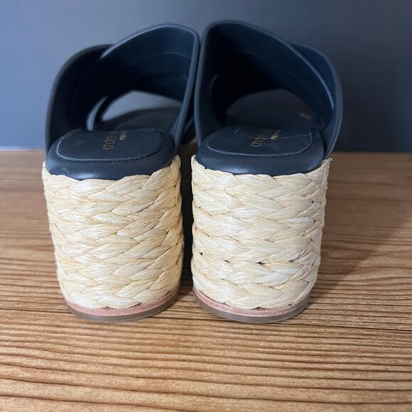 Andre Assous Dark Blue Leather Espadrille Platform Slip On Wedge Sandals 39 EU - Picture 6 of 12